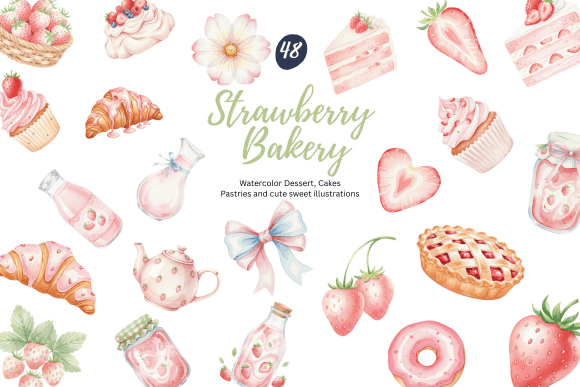 Download Watercolor Strawberry Bakery Clipart - Premium Bundle